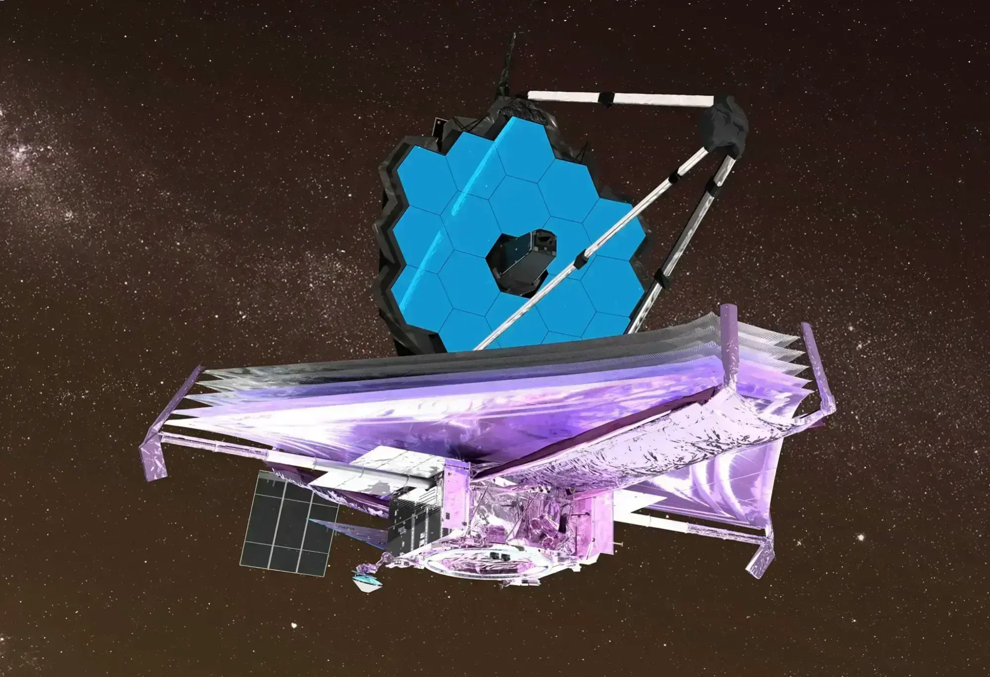 An artist's depiction of the James Webb Space Telescope against a starry background
