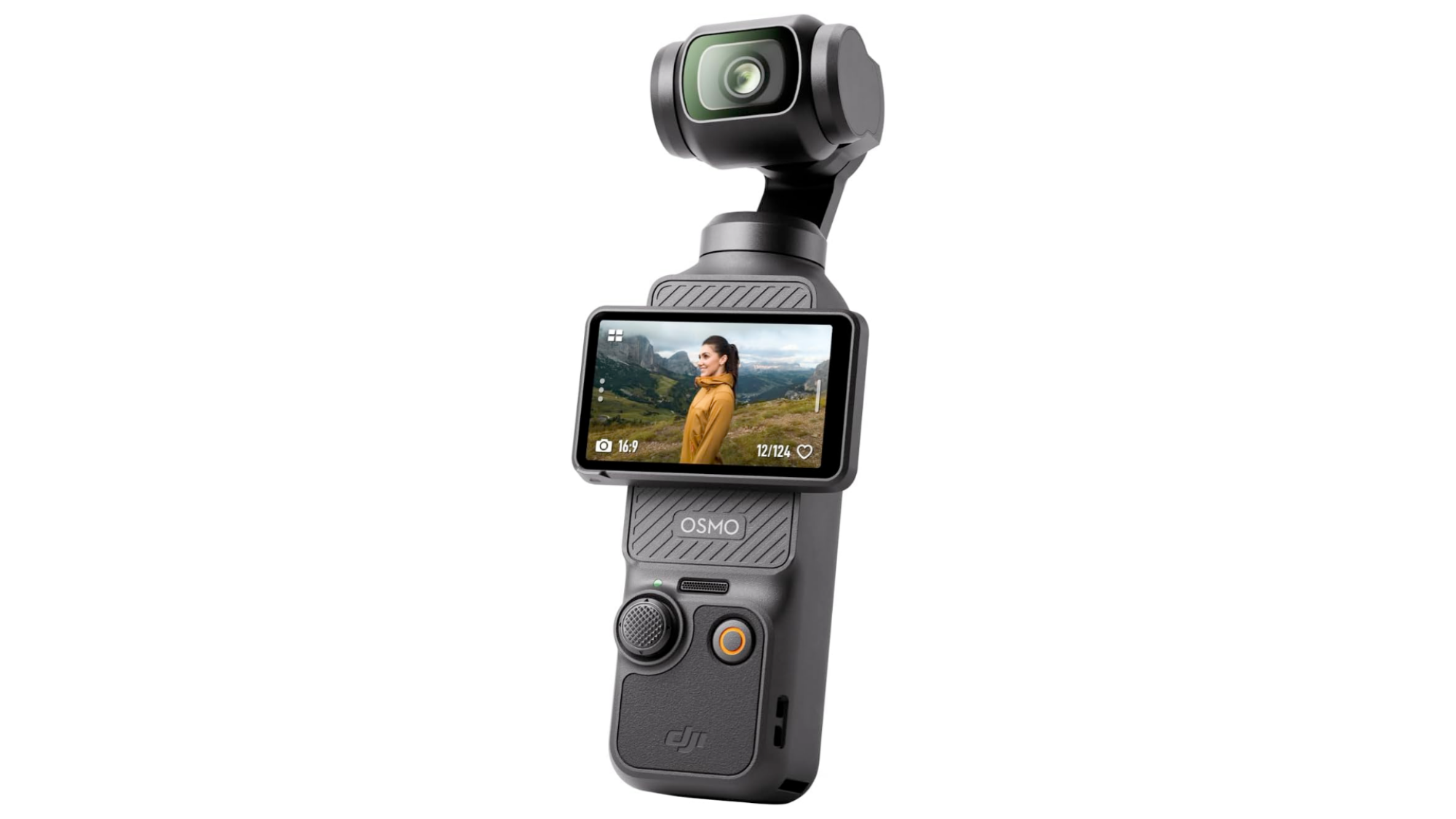 The DJI Osmo Pocket 3 on a white background in landscape selfie mode.